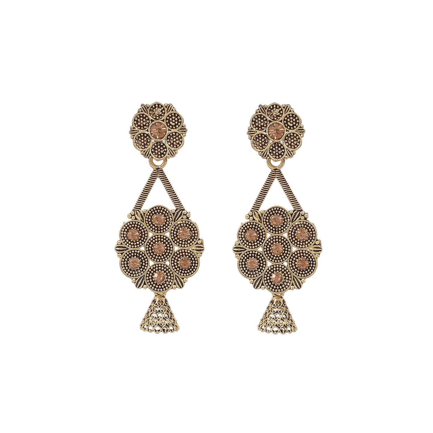 CKLAKART's Antique Earrings with Gold Toned Blooming Flowers and Peach Stone Accents