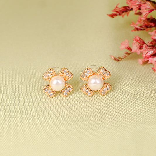 CKLAKART's Rose Gold Flower-Shaped Studs with Center Pearl