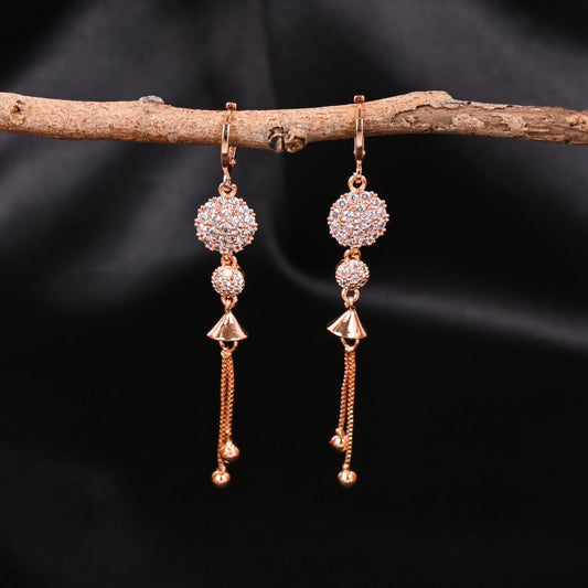 CKLAKART's Rose Gold Toned Earrings with AD Studded Blooming Flowers and Stylish Chain Accents