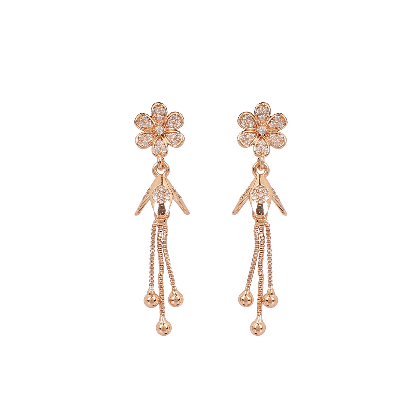 CKLAKART's Petal Drop Earrings in Elegant Rose Gold American Diamond accent