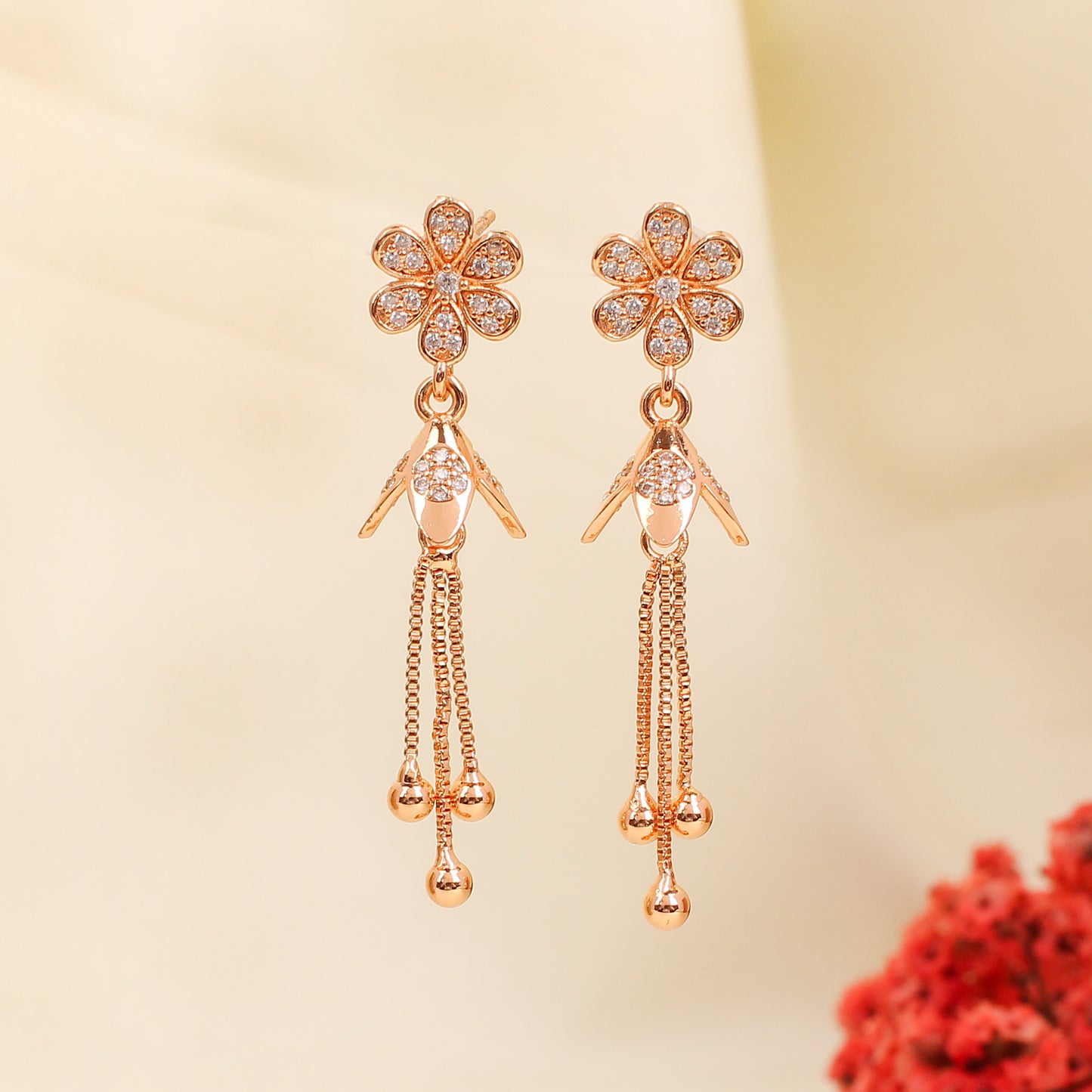 CKLAKART's Petal Drop Earrings in Elegant Rose Gold American Diamond accent