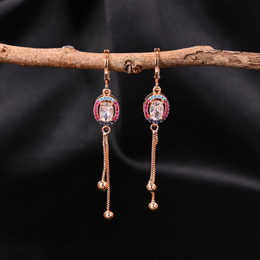 CKLAKART's Rose Gold Toned Earrings with Multi-Color AD Studded Ovals and Stylish Chain Accents