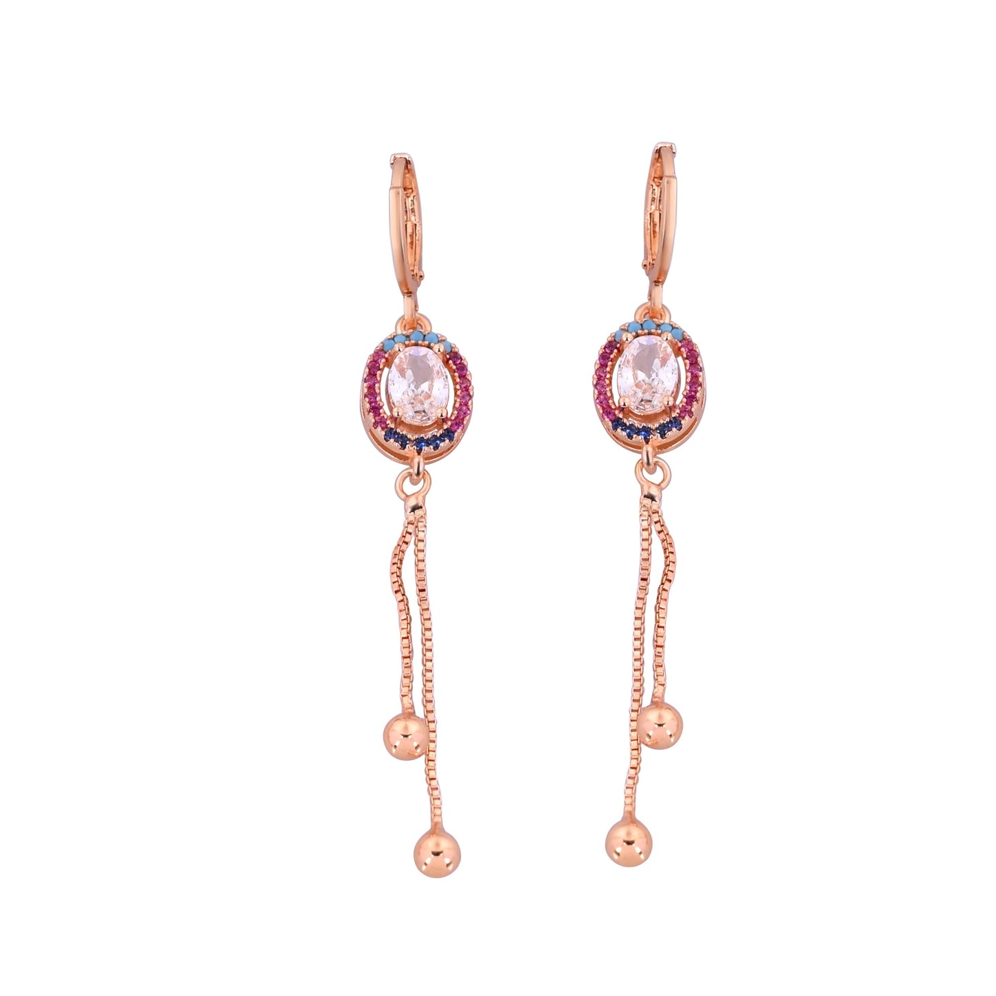 CKLAKART's Rose Gold Toned Earrings with Multi-Color AD Studded Ovals and Stylish Chain Accents