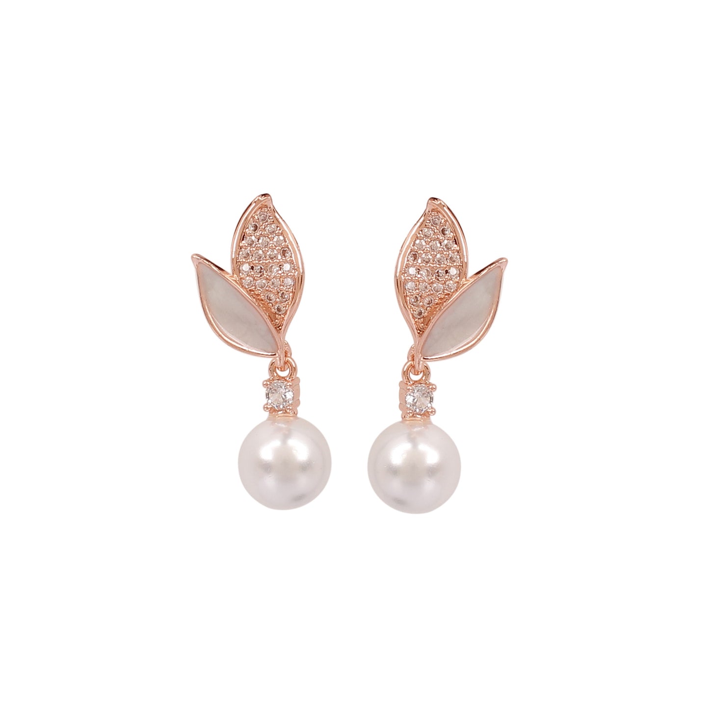 CKLAKART's Rose Gold-Toned Leaf Studs Featuring AD Stones and Delicate Pearl Drop