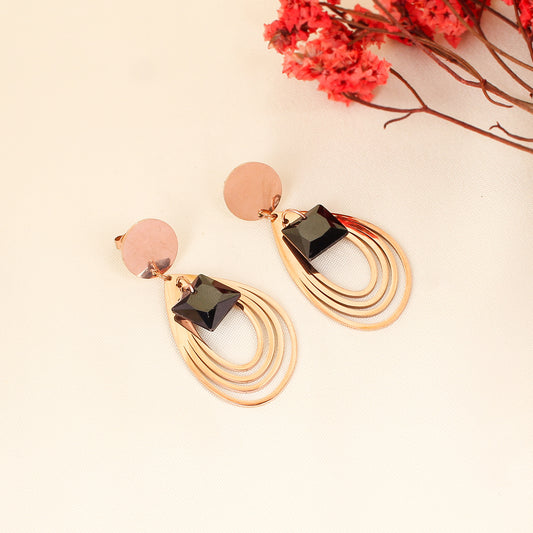 CKLAKART's Rose Gold Dangler Earrings with Striking Black Stone Accents