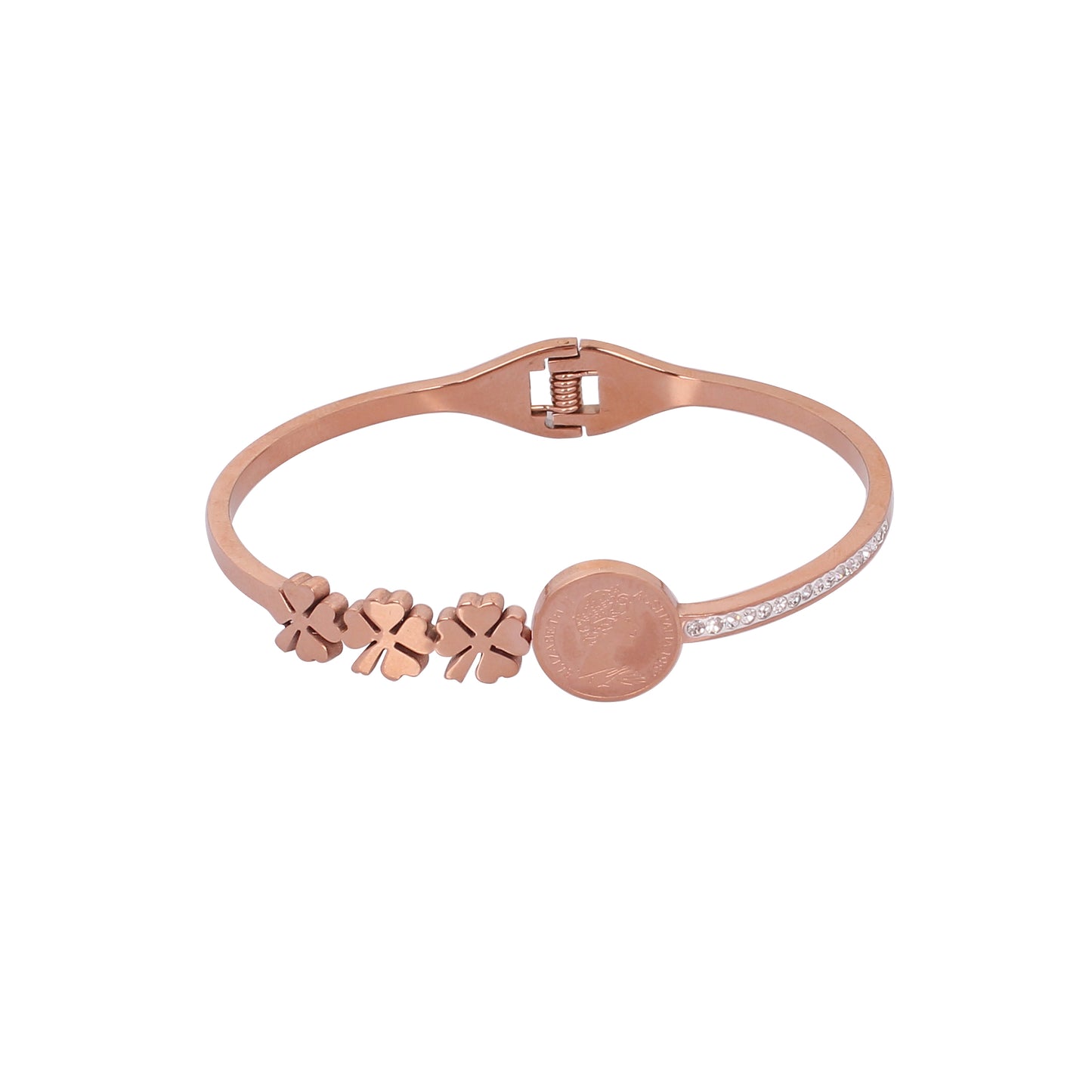 CKLAKART's Rose Gold Bracelet with Vintage Coin, Blooming Flowers, and White Stone Accents