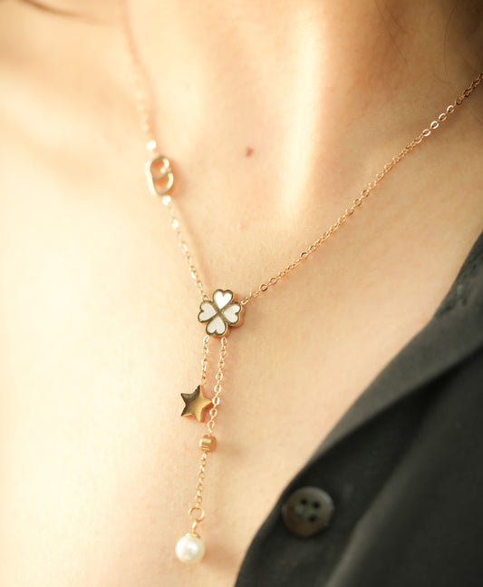 CKLAKART's Rose Gold Toned Necklace with Star and Pearl Droplets