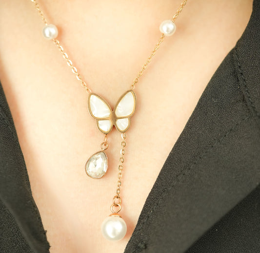 CKLAKART's Rose Gold Butterfly Pendant with Pearl Beaded Chain and Droplets