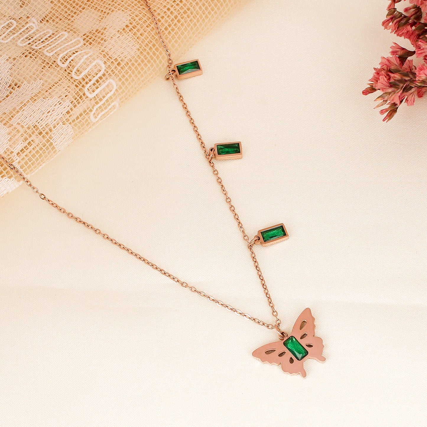 CKLAKART's Rose Gold Butterfly Pendant Necklace with Green Stone Accent