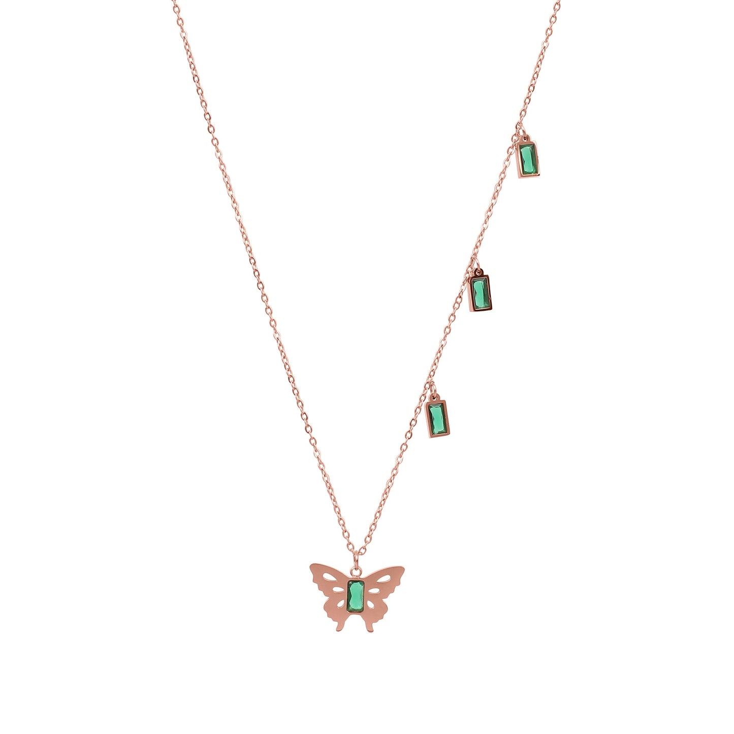 CKLAKART's Rose Gold Butterfly Pendant Necklace with Green Stone Accent