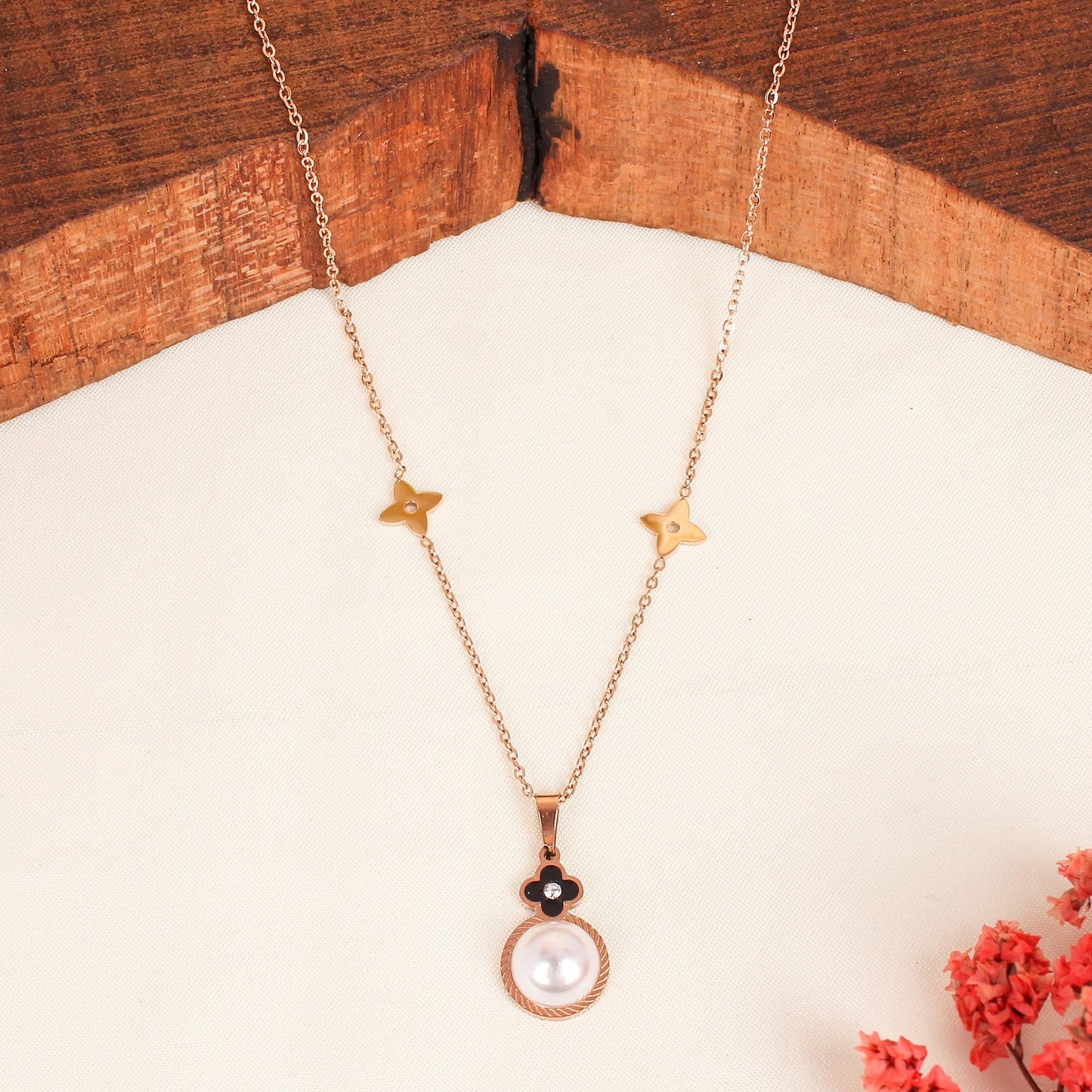 CKLAKART's Rose Gold Toned Necklace with Pearl Pendant Accent