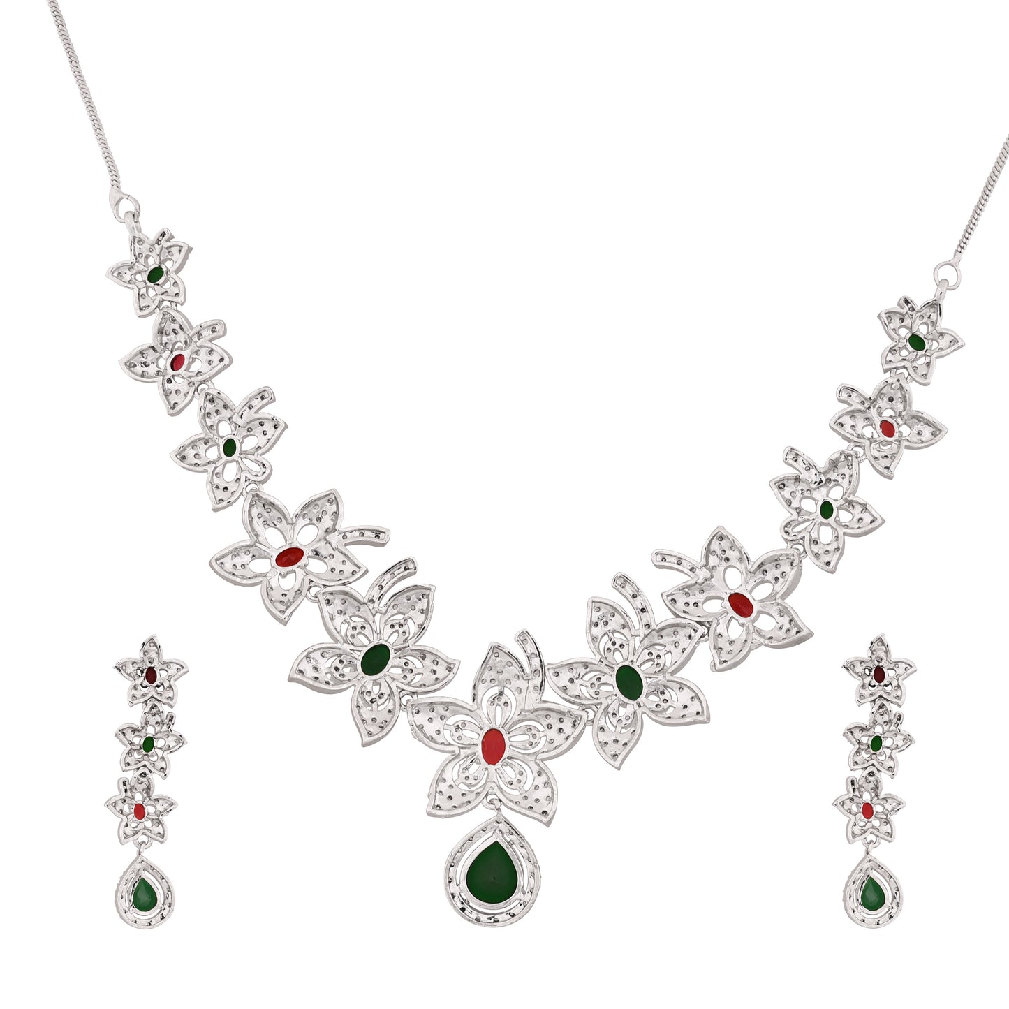 CKLAKART's NOOR Silver-Toned Floral Neckpiece Featuring Emerald Green, Ruby Stones, and American Diamond Sparkle