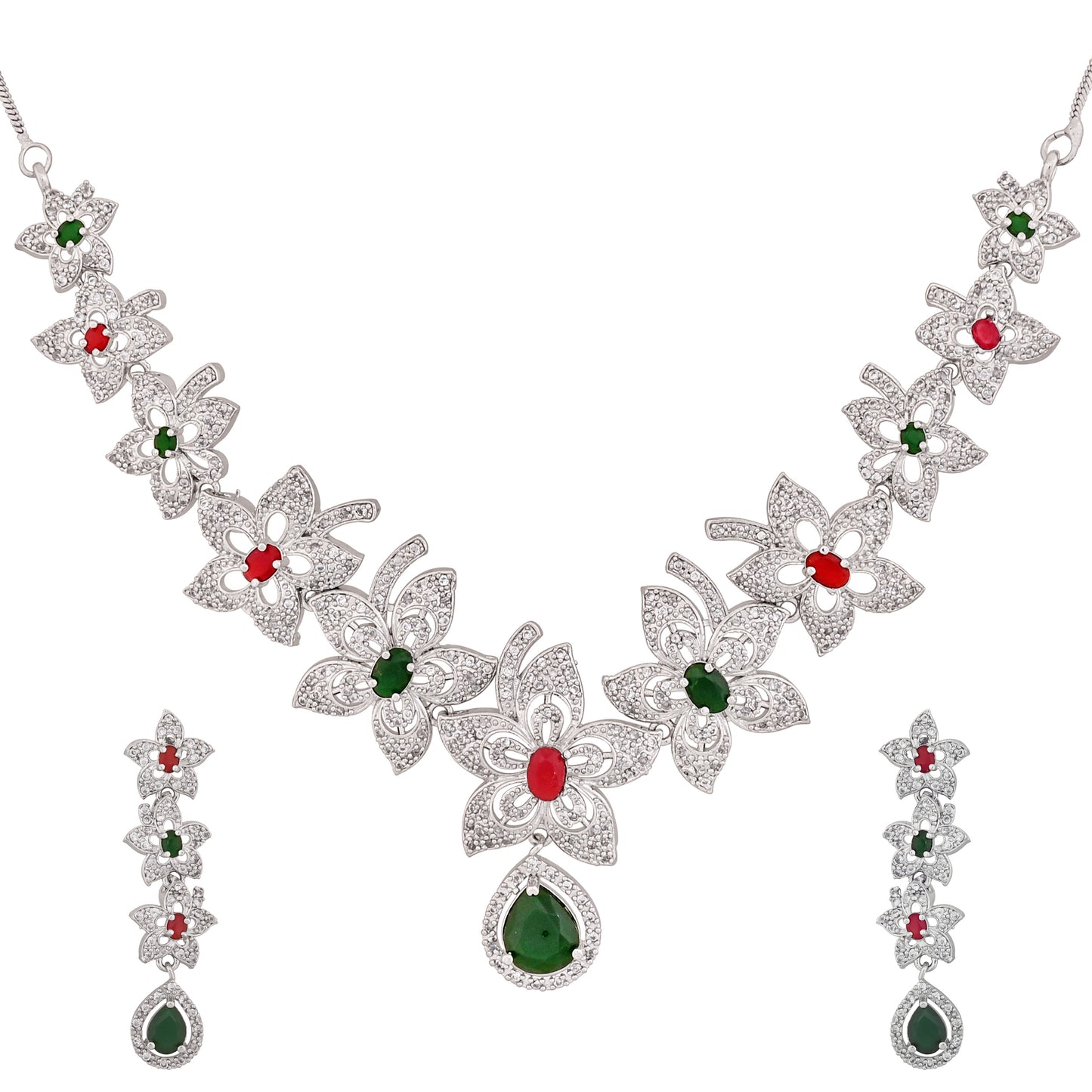 CKLAKART's NOOR Silver-Toned Floral Neckpiece Featuring Emerald Green, Ruby Stones, and American Diamond Sparkle