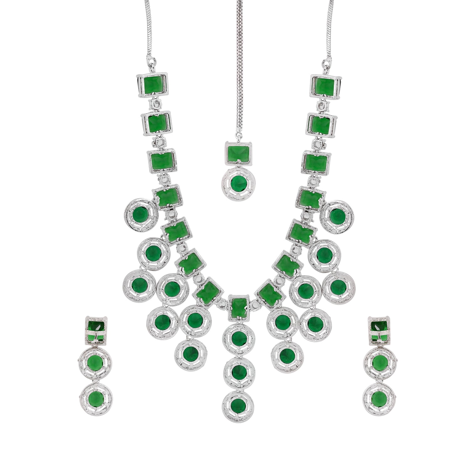 CKLAKART's NOOR American Diamond and Green Stone Necklace Ensemble with Maang Tika and Earrings