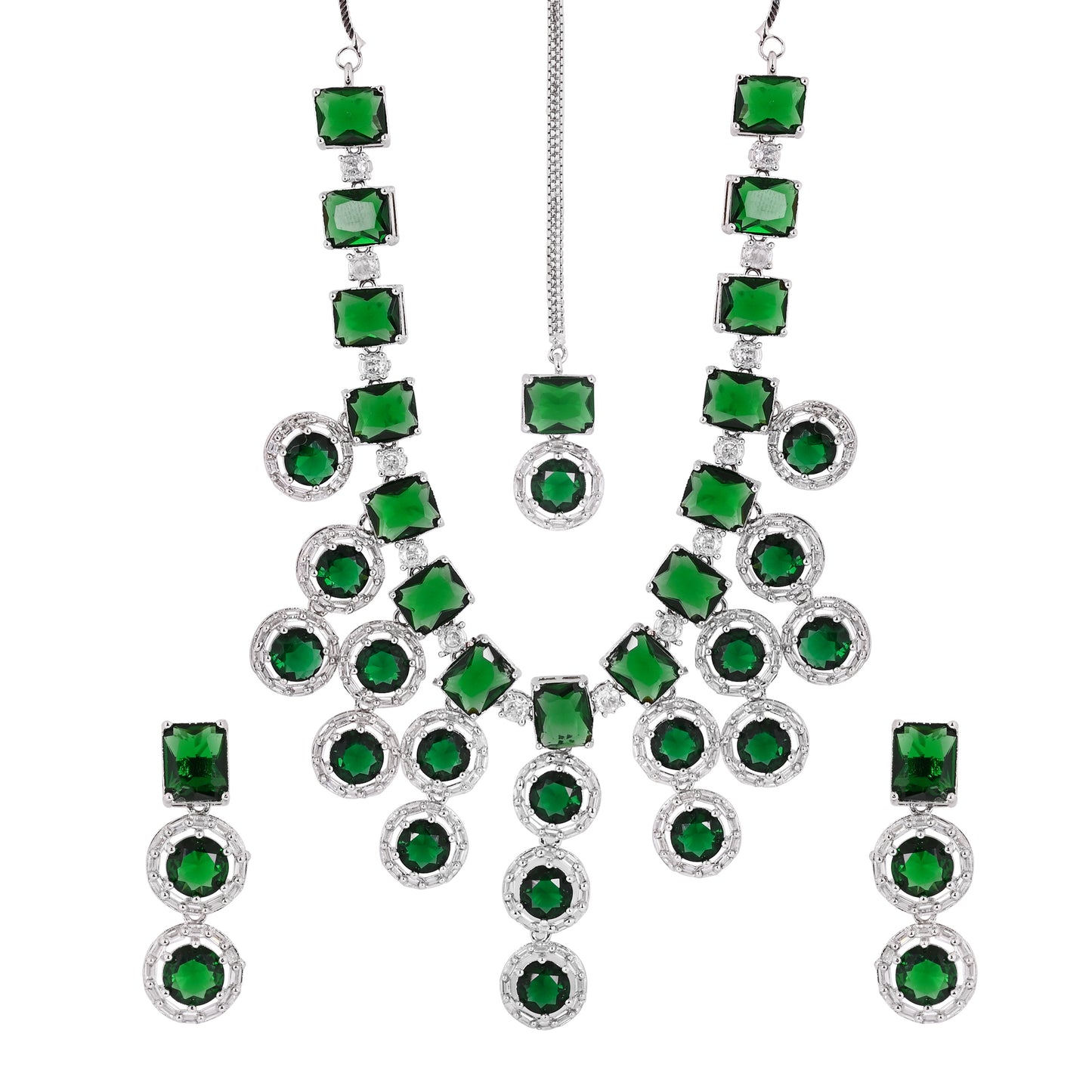 CKLAKART's NOOR American Diamond and Green Stone Necklace Ensemble with Maang Tika and Earrings