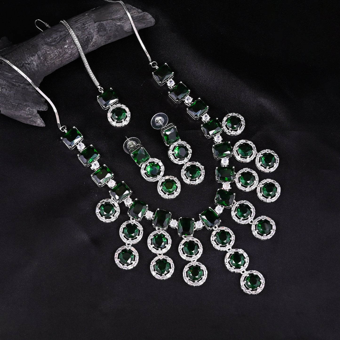 CKLAKART's NOOR American Diamond and Green Stone Necklace Ensemble with Maang Tika and Earrings