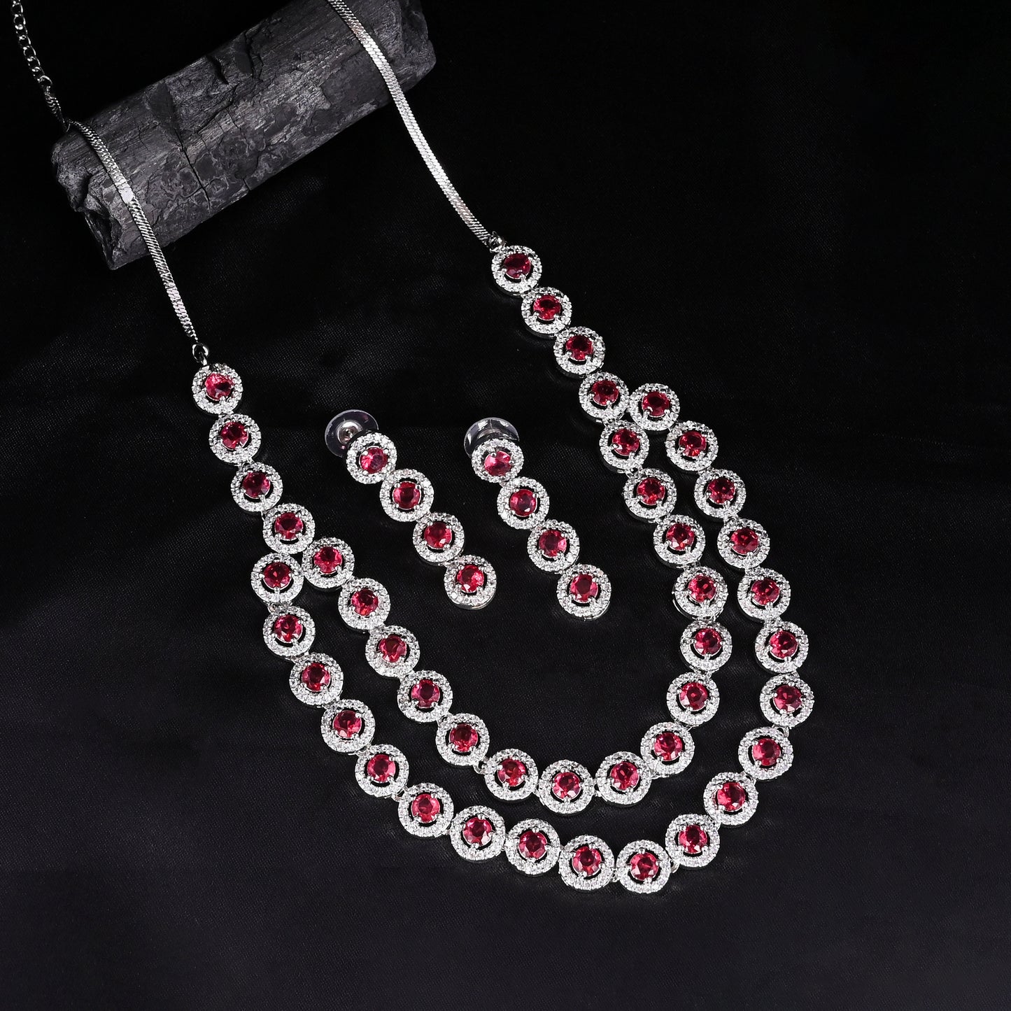 CKLAKART's NOOR American Diamond and Pink Stone Necklace Set with Drop Earrings