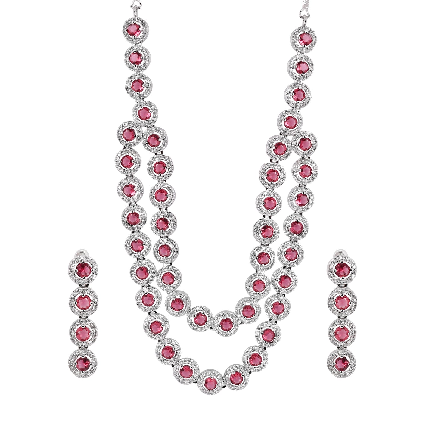 CKLAKART's NOOR American Diamond and Pink Stone Necklace Set with Drop Earrings