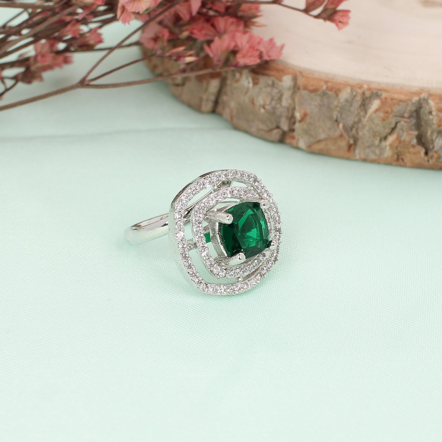 CKLAKART's Square Green Stone Ring with American Diamond