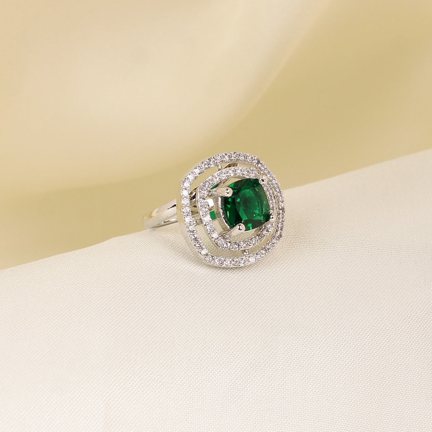 CKLAKART's Square Green Stone Ring with American Diamond