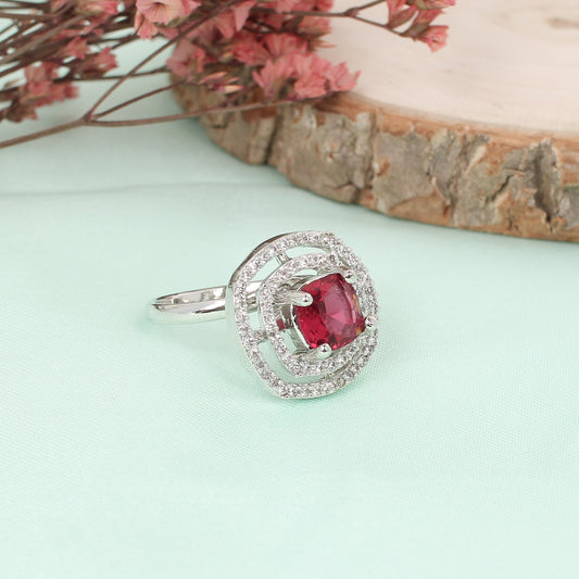 CKLAKART's Silver-Toned Ring adorned with American Diamond and Ruby