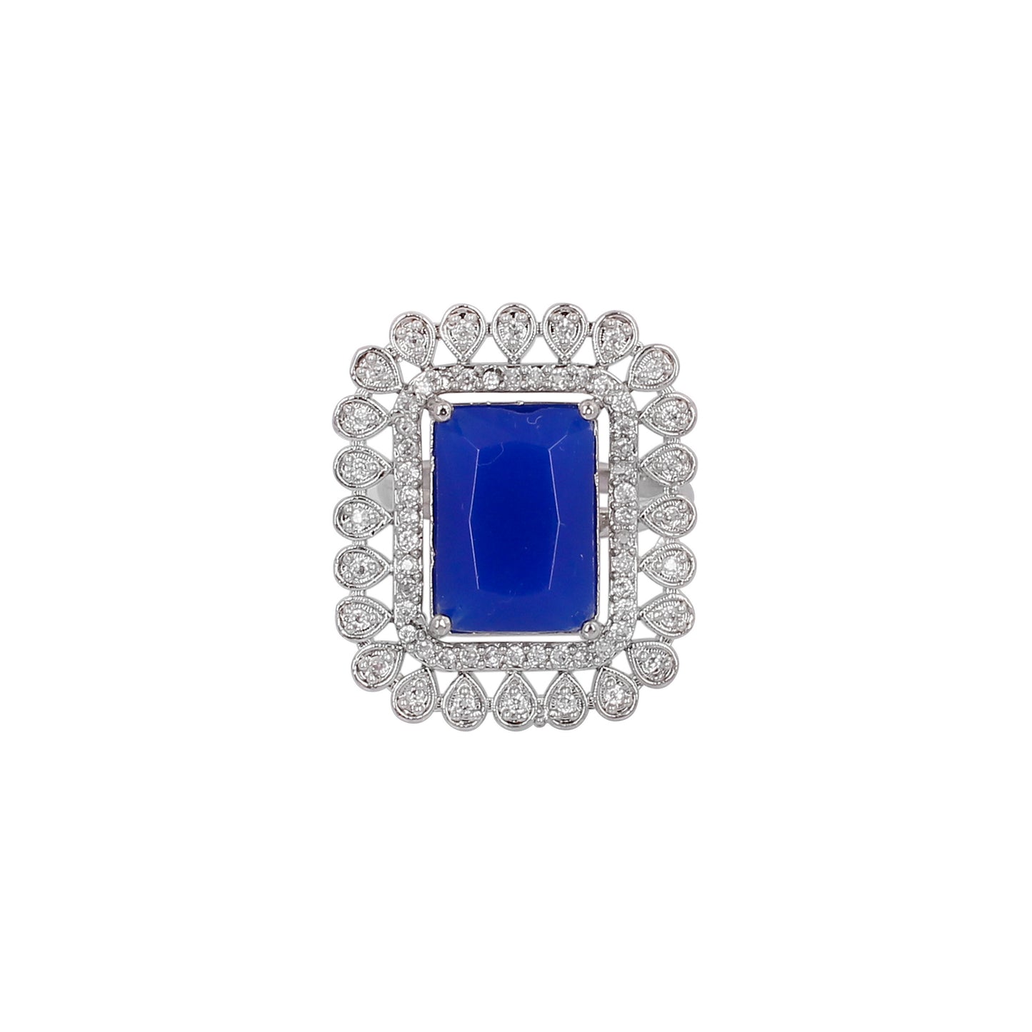 CKLAKART's Silver-Toned Statement Ring with Blue Sapphire Center and White Stone Embellishments