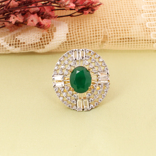 CKLAKART's Silver-Toned Big Ring with Oval Emerald Green and Surrounding White Stones