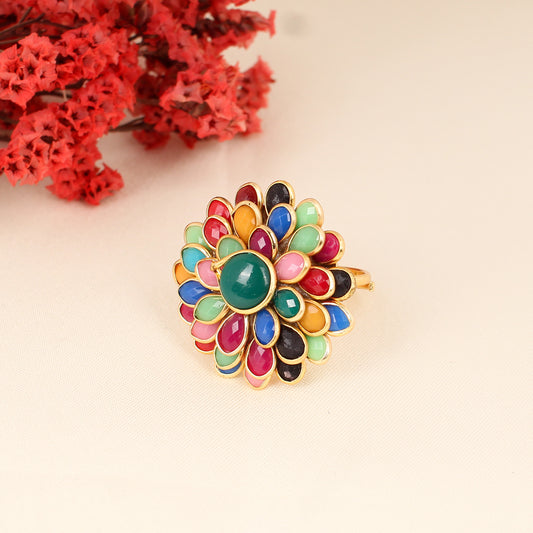 CKLAKART's Gold-Toned Floral Ring Embellished with Multicolored Stones