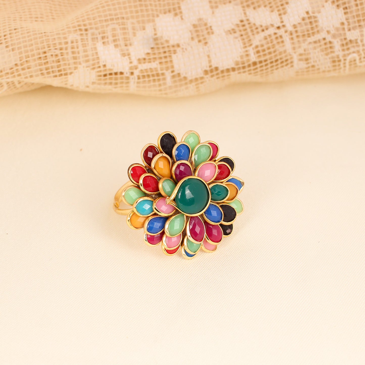 CKLAKART's Gold-Toned Floral Ring Embellished with Multicolored Stones