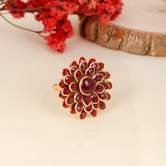 CKLAKART's Big Flower Ring with Gold-Toned Setting and Striking Maroon Stones