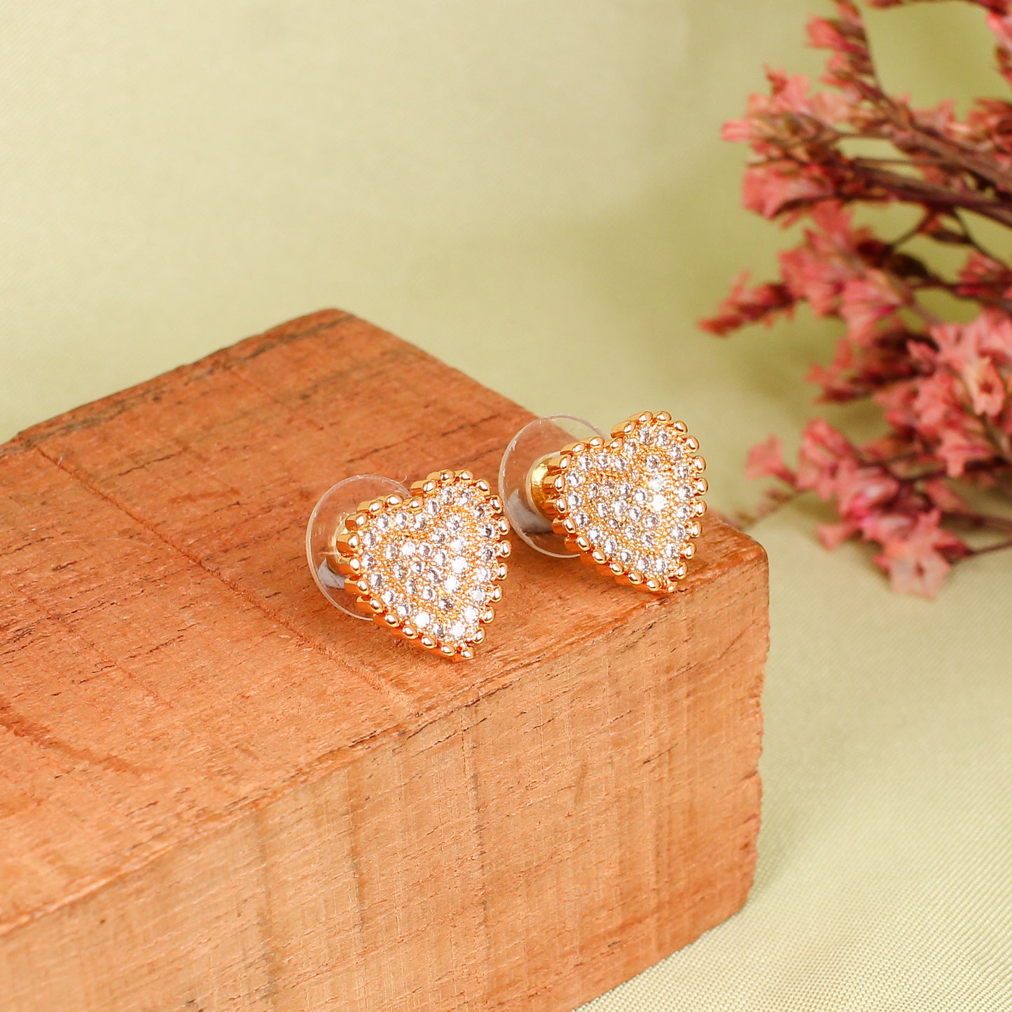 CKLAKART's Rose Gold-Toned Heart-Shaped Studs with American Diamonds