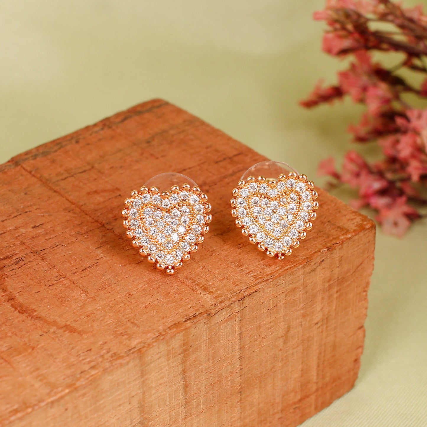 CKLAKART's Rose Gold-Toned Heart-Shaped Studs with American Diamonds