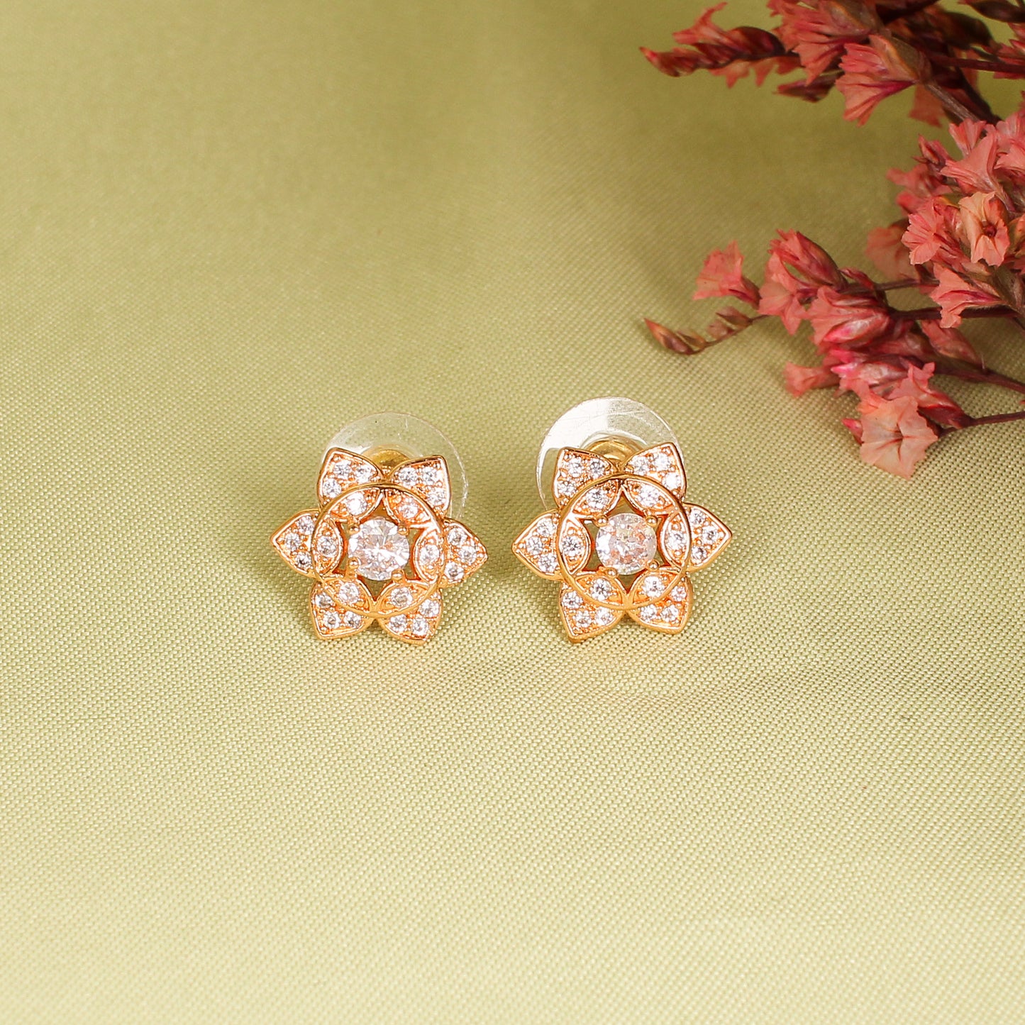 CKLAKART's Rose Gold Blooming Flower Studs with American Diamond Accents