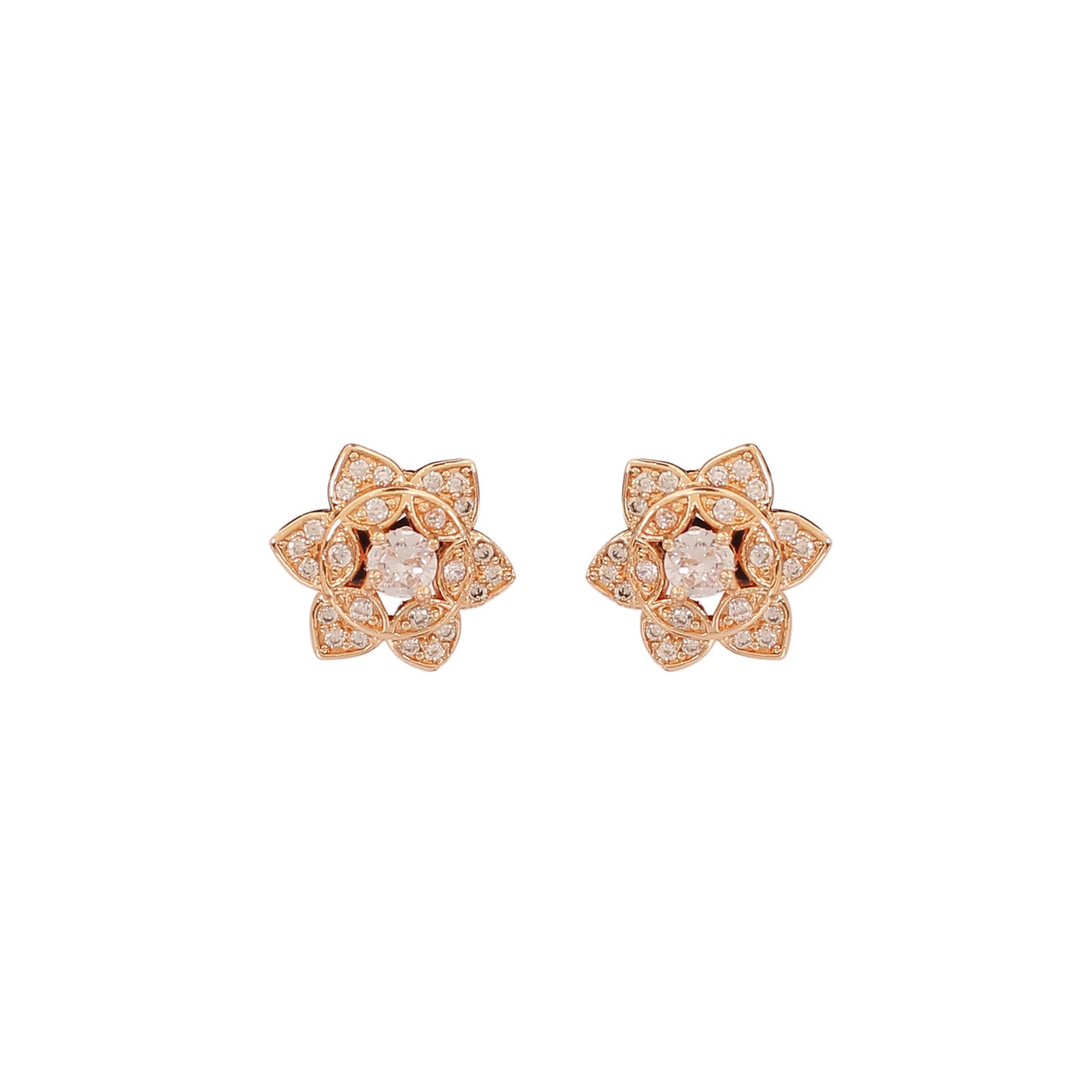 CKLAKART's Rose Gold Blooming Flower Studs with American Diamond Accents