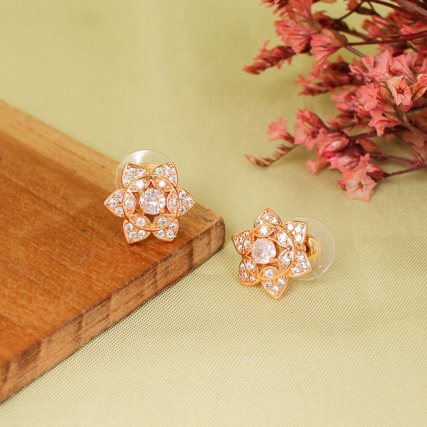 CKLAKART's Rose Gold Blooming Flower Studs with American Diamond Accents