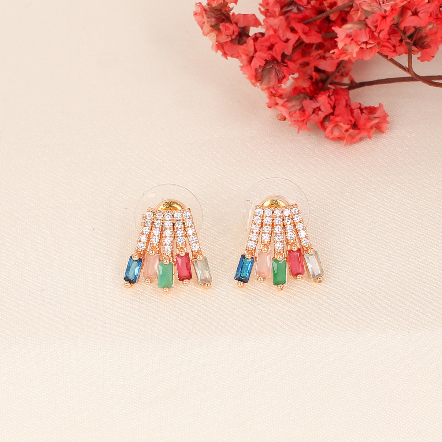 CKLAKART's Rose Gold-Toned Studs with American Diamonds and Rainbow Flare