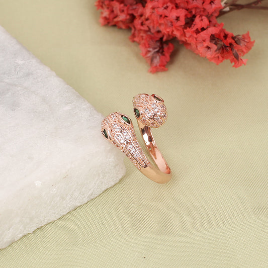 CKLAKART's Serpent's Charm  Adjustable Rose Gold Ring with Green Stones and Zirconia