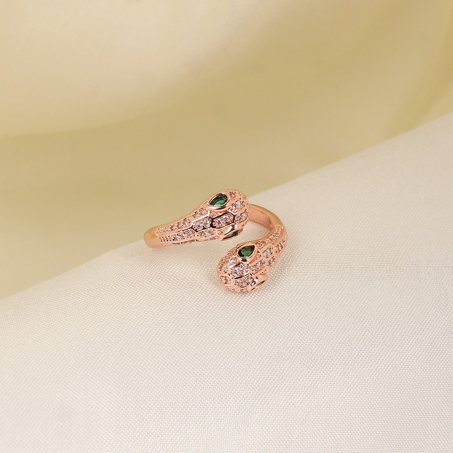 CKLAKART's Serpent's Charm  Adjustable Rose Gold Ring with Green Stones and Zirconia