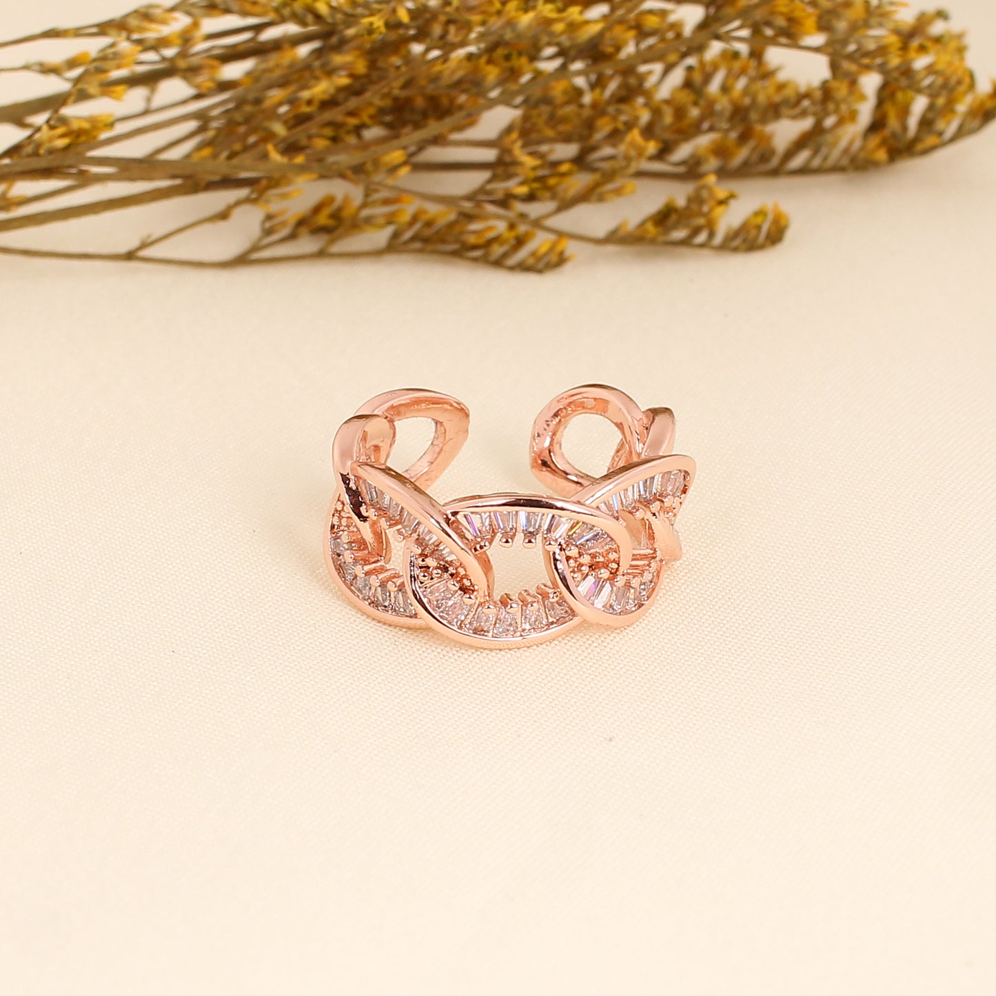 CKLAKART's Radiant Ripples Multi-Loop Rose Gold Ring with Glistening White Stones