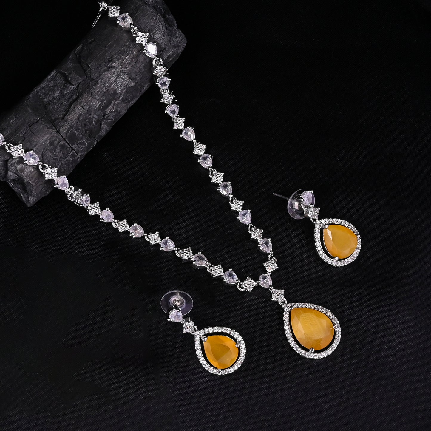 CKLAKART's NOOR Silver Necklace Set with Citrine Yellow Droplet Stones and Sparkling American Diamonds