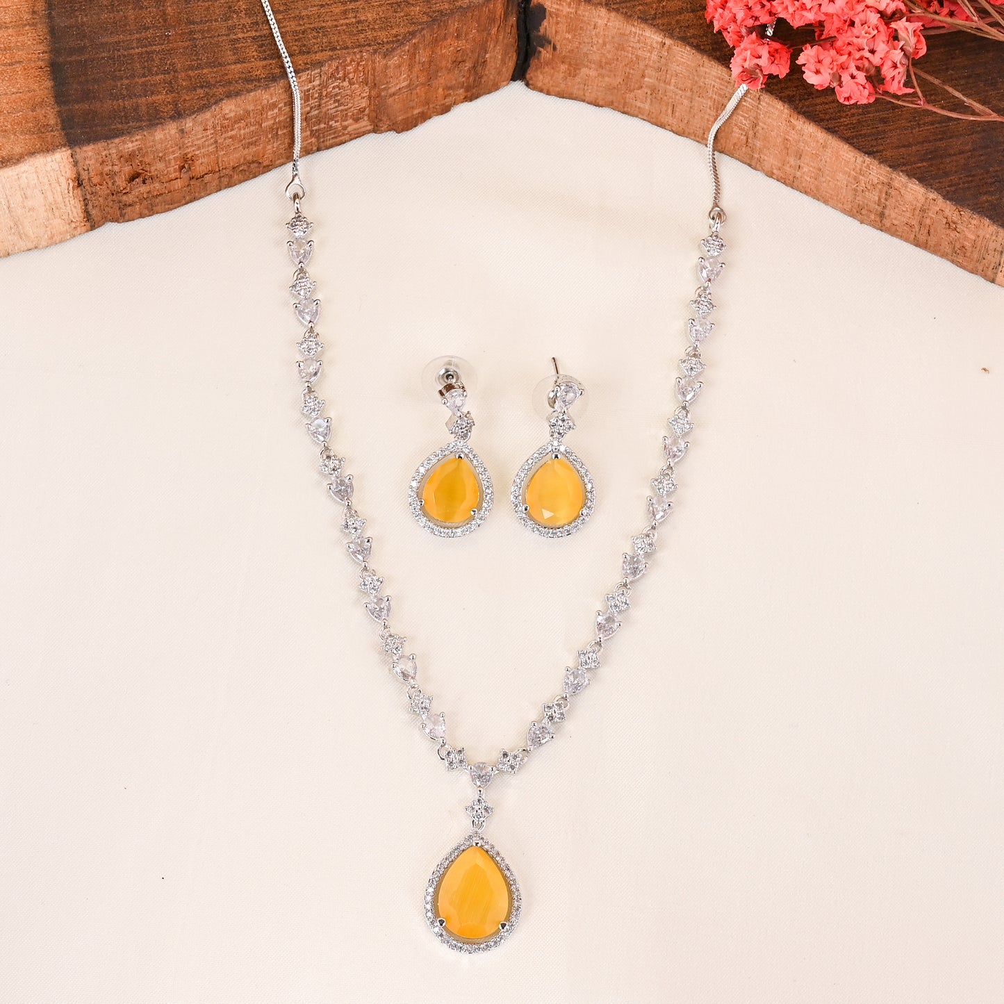 CKLAKART's NOOR Silver Necklace Set with Citrine Yellow Droplet Stones and Sparkling American Diamonds