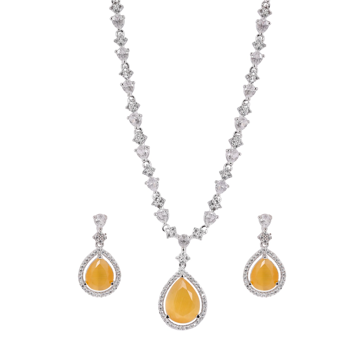 CKLAKART's NOOR Silver Necklace Set with Citrine Yellow Droplet Stones and Sparkling American Diamonds