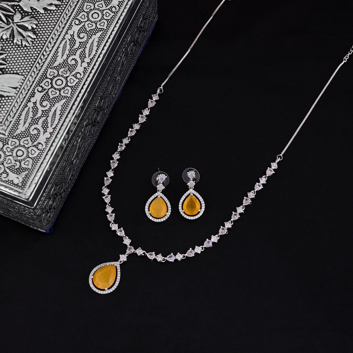 CKLAKART's NOOR Silver Necklace Set with Citrine Yellow Droplet Stones and Sparkling American Diamonds