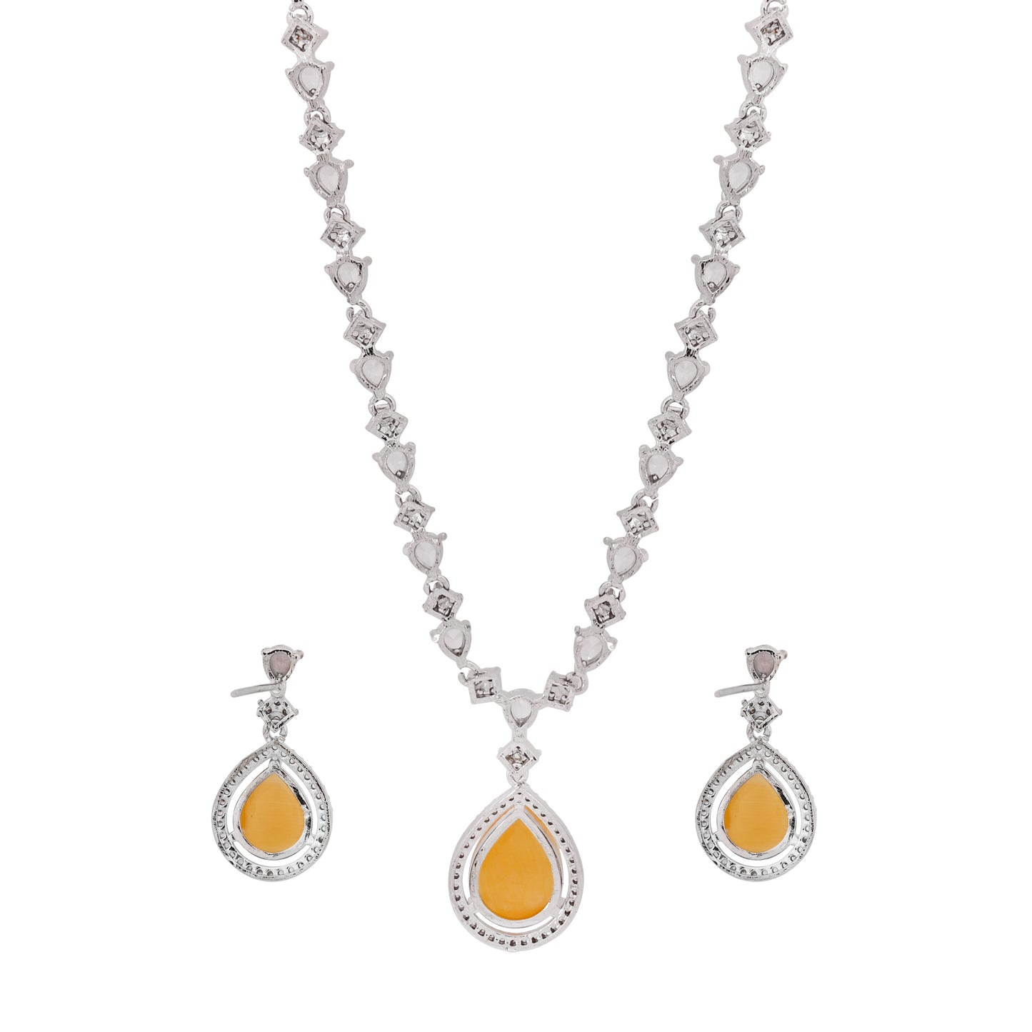 CKLAKART's NOOR Silver Necklace Set with Citrine Yellow Droplet Stones and Sparkling American Diamonds