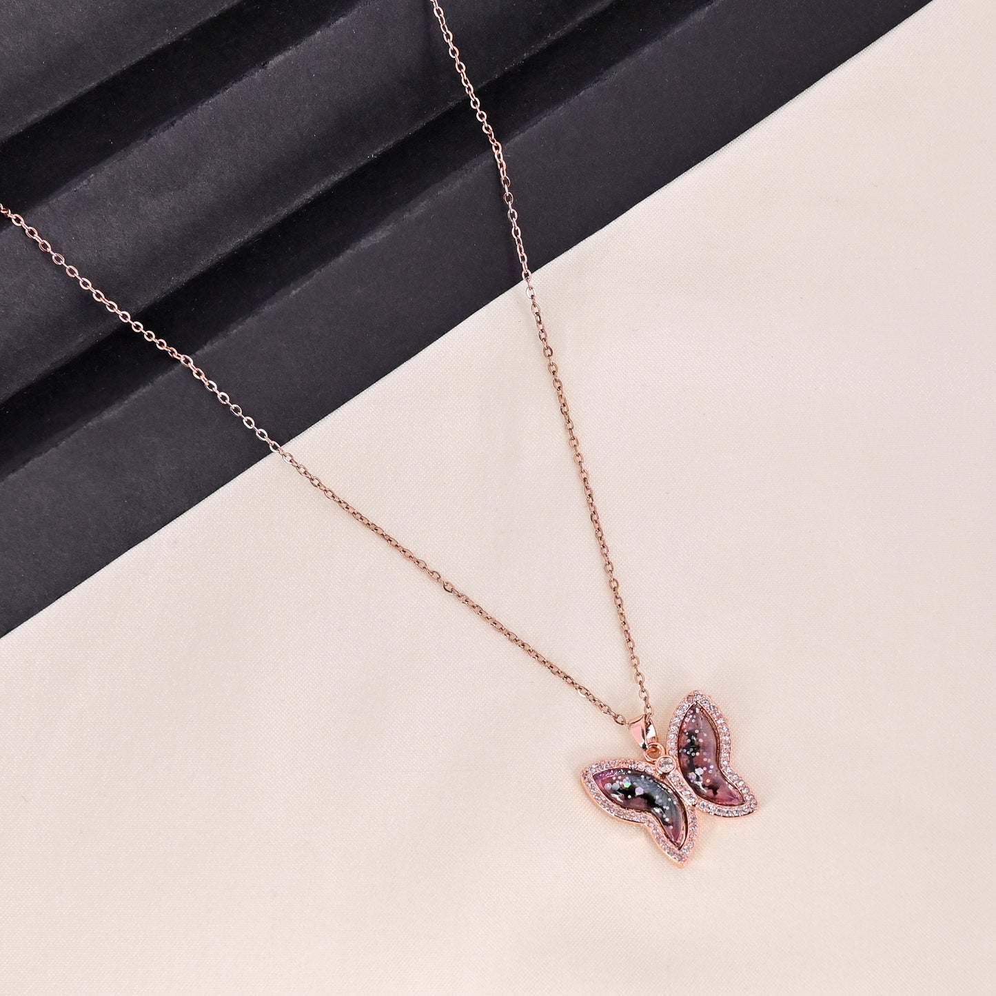 CKLAKART's Rose Gold Tone Shimmery Butterfly Pendant Necklace