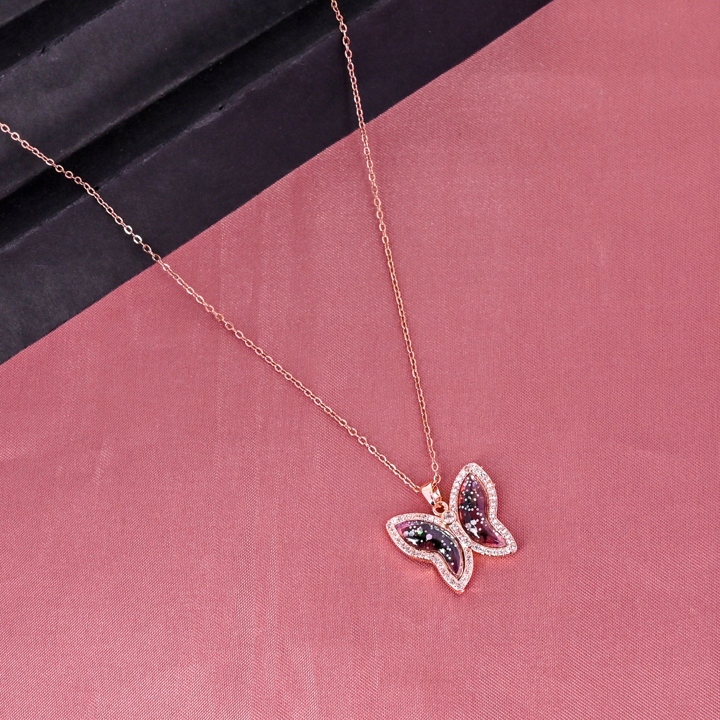 CKLAKART's Rose Gold Tone Shimmery Butterfly Pendant Necklace