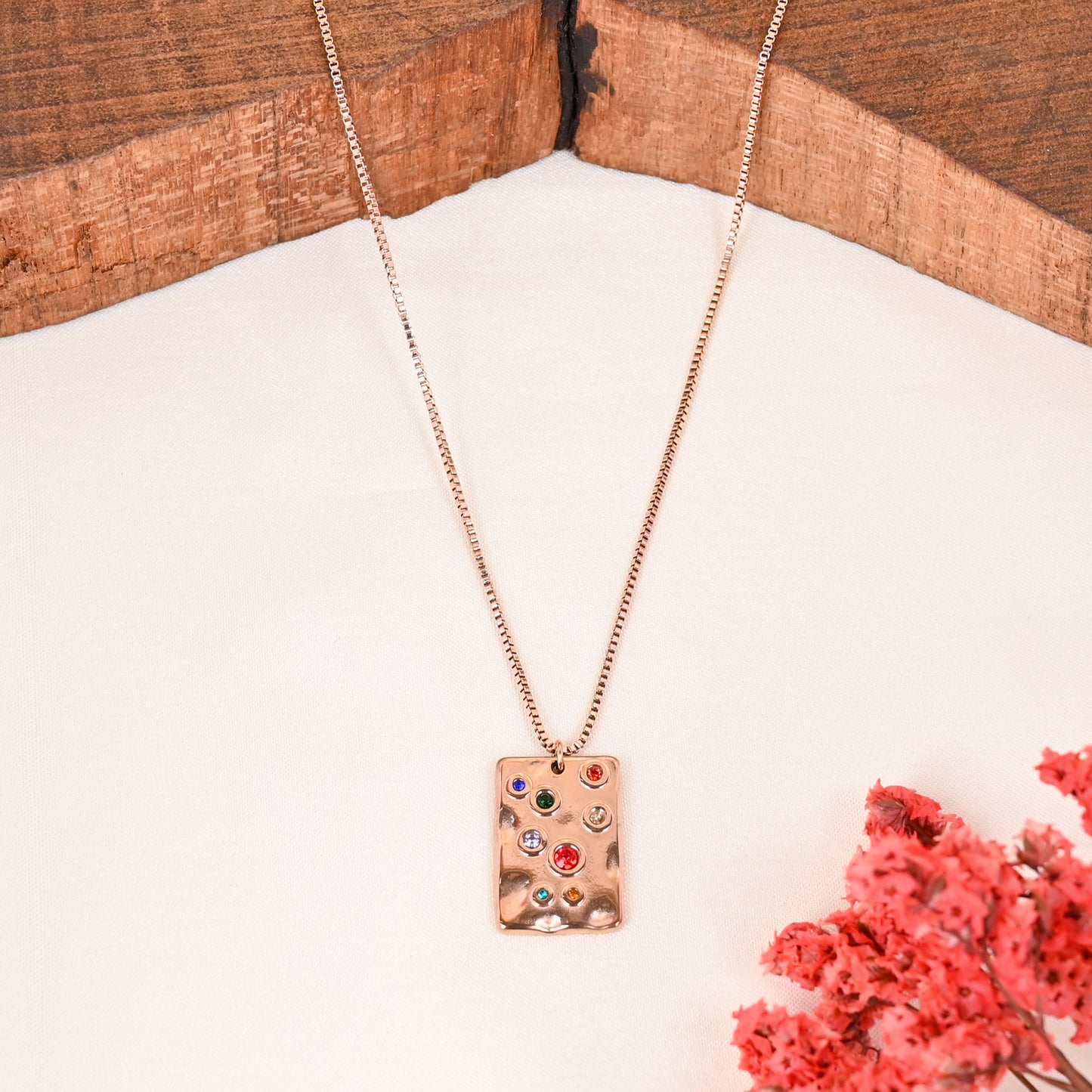 CKLAKART's Rose Gold Tone Rectangle Pendant Necklace with Vibrant Stones