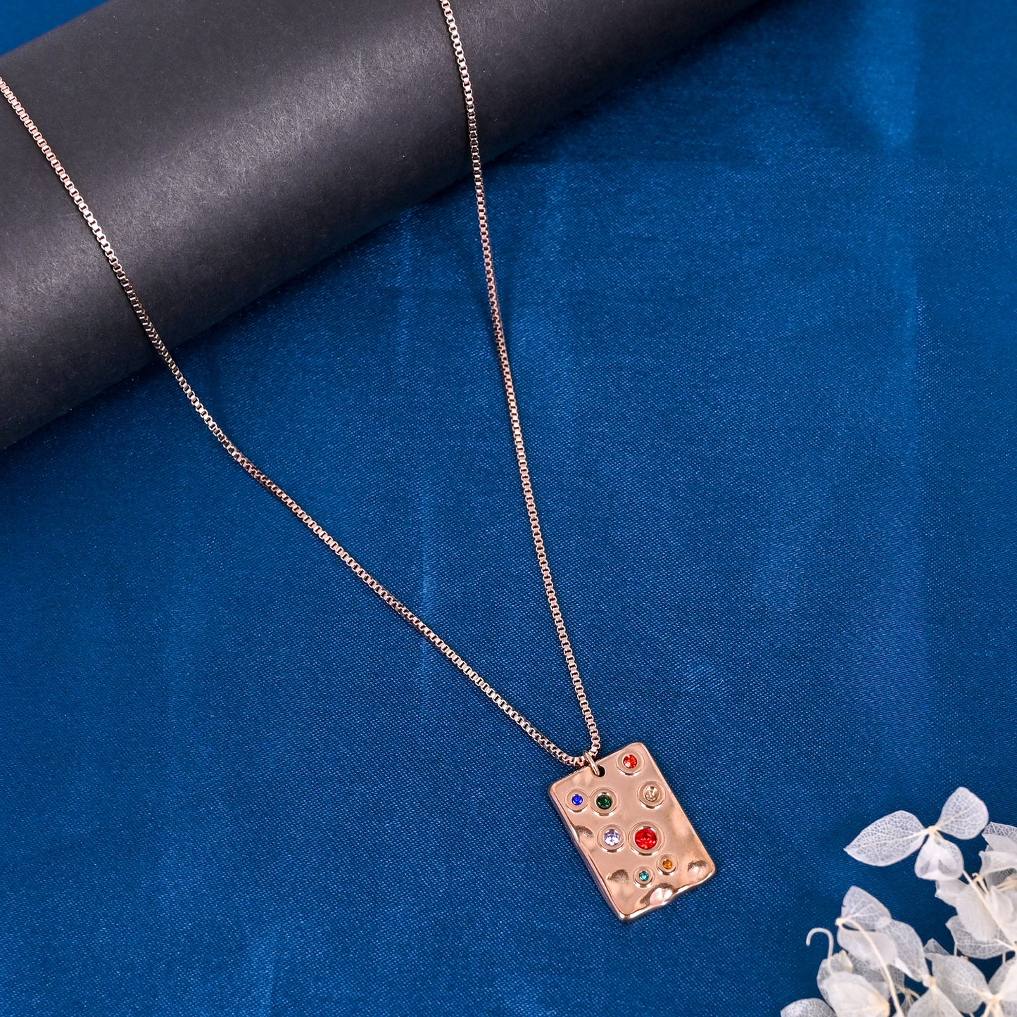 CKLAKART's Rose Gold Tone Rectangle Pendant Necklace with Vibrant Stones