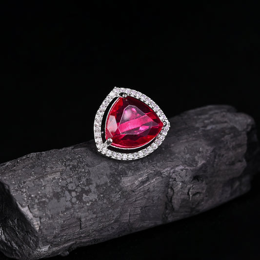 CKLAKART's NOOR Silver-Toned Ring Adorned with Triangle-Shaped Ruby color Stone and American Diamonds