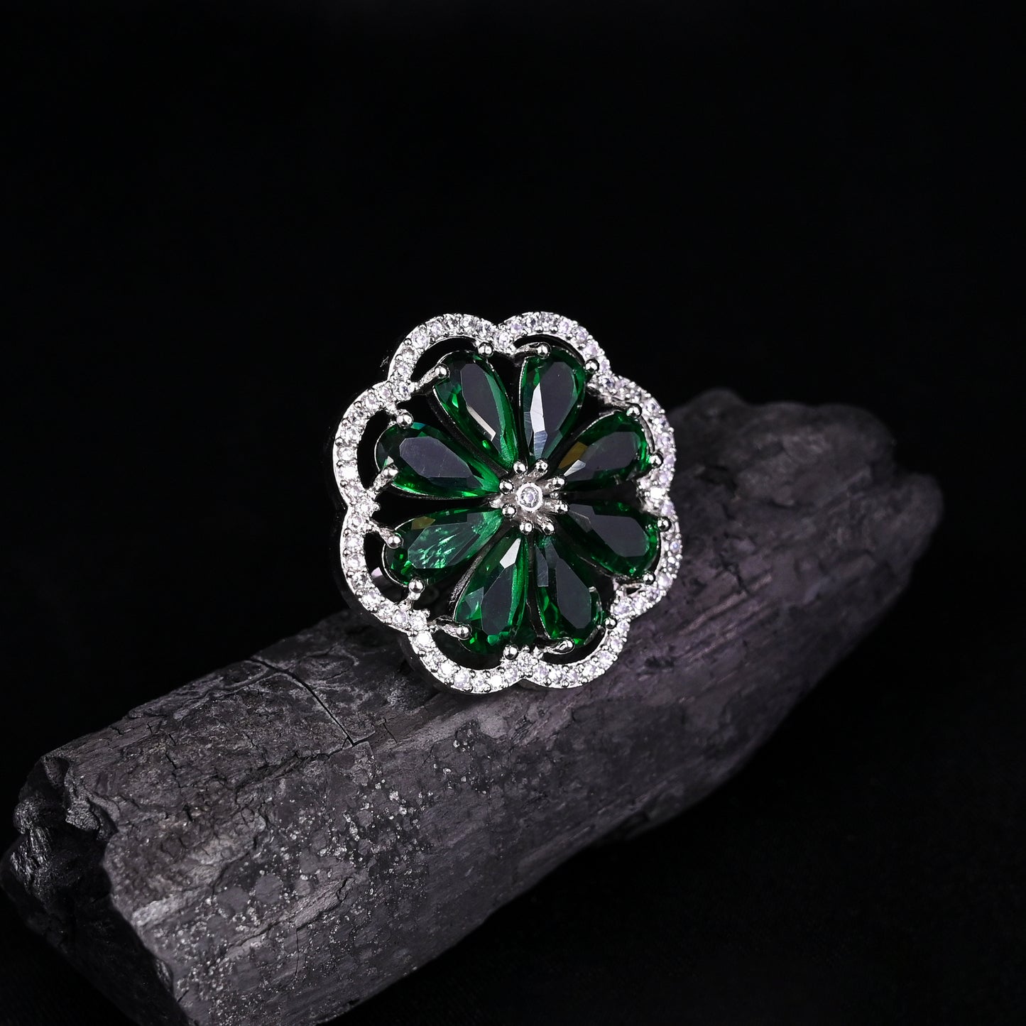 CKLAKART's NOOR Elegant Silver Ring Featuring Blooming Flower Design with Emerald Green Stone and American Diamonds